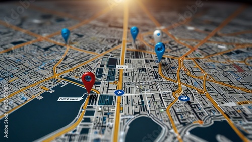 A digital map displaying a location with two pins set, representing AI technology in GPS
