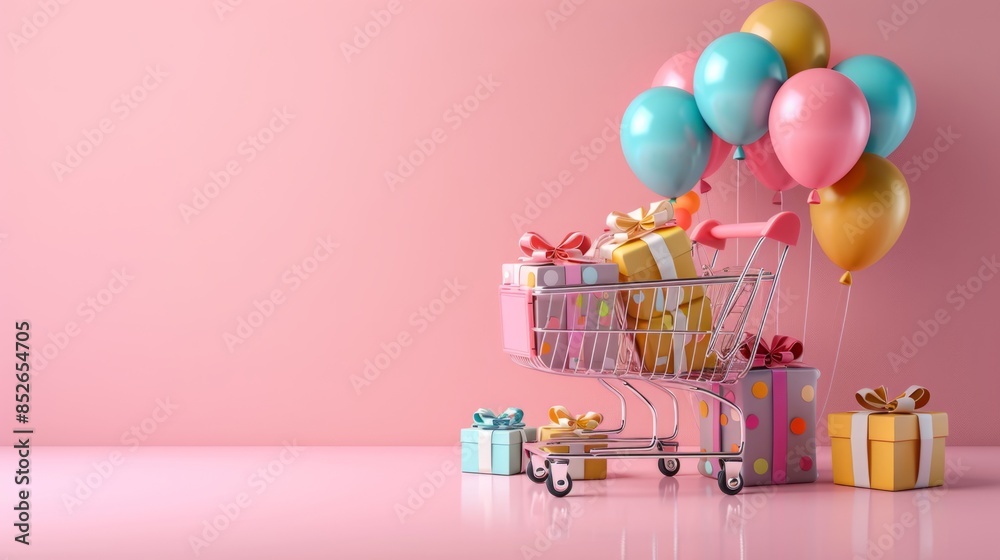 Festive shopping cart filled with birthday presents and floating balloons on a pink background. Perfect for celebrations and party-themed concepts. Copy space. Festive shopping cart filled with birthday presents and floating balloons on a pink background. Perfect for celebrations and party-themed concepts. Copy space.