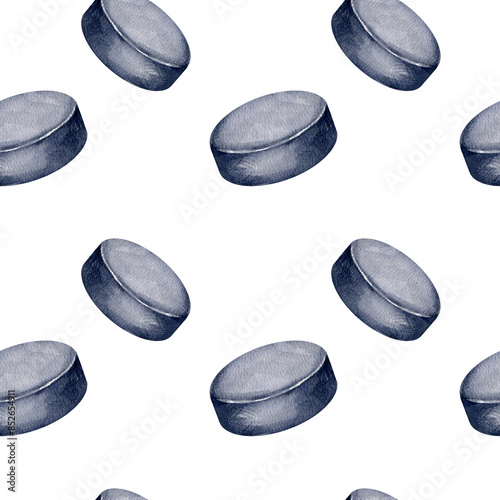 Photography seamless pattern with black hockey puck on white background, hand drawn watercol