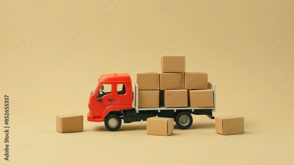 A toy moving truck with cardboard boxes. Transportation and delivery concept. Created with Generative AI technology. A toy moving truck with cardboard boxes. Transportation and delivery concept. Created with Generative AI technology.
