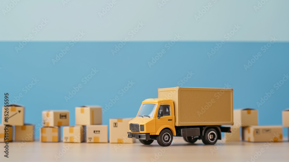 A toy moving truck with cardboard boxes. Transportation and delivery concept. Created with Generative AI technology. A toy moving truck with cardboard boxes. Transportation and delivery concept. Created with Generative AI technology.