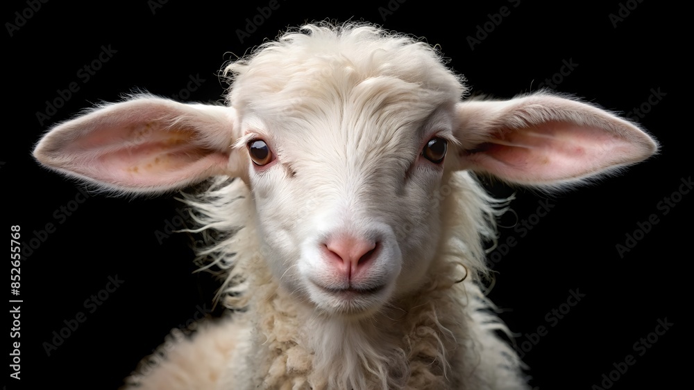 Portrait Of A Cute Lamb Looking At The Camera With Big Ears And Fluffy White Wool Against A Black Background. Portrait Of A Cute Lamb Looking At The Camera With Big Ears And Fluffy White Wool Against A Black Background.
