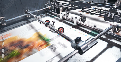 Fotografía Machine, paper and printing in warehouse for distribution or production for magazine, newspaper or publishing