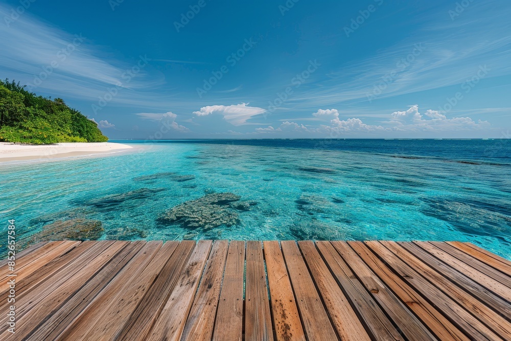 Fototapeta premium Tranquil Maldives Paradise - Wooden Surface Leading to Coral Atolls and Crystal Waters
