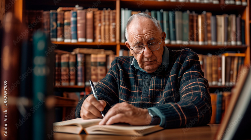 a serious professor working in the library a serious professor working in the library