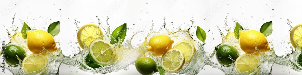 A series of images of lemons and limes are splashed with water