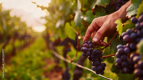 A professional hands of oenologist or winemaker checks the vineyard and the quality of the grapes for the wine photo