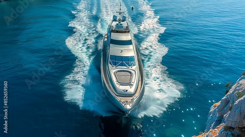 Captivating aerial perspective of a luxury yacht from above, ideal for commercial promotions and marketing