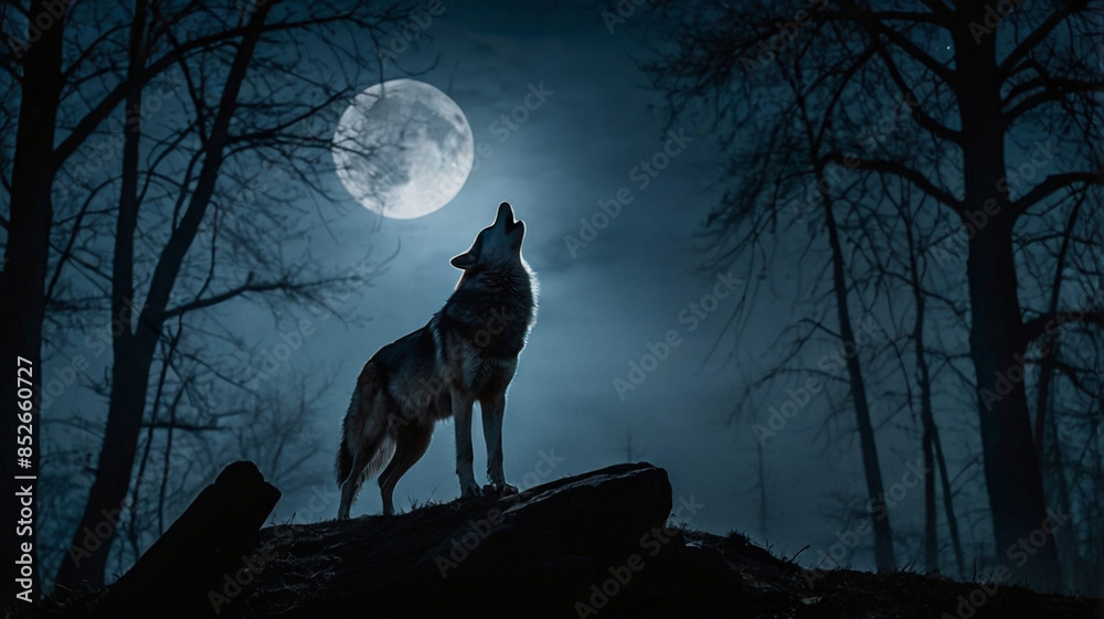 Silhouette of a howling wolf against a dark background of fog and full moon
Silhouette of a howling wolf against a dark background of fog and full moon