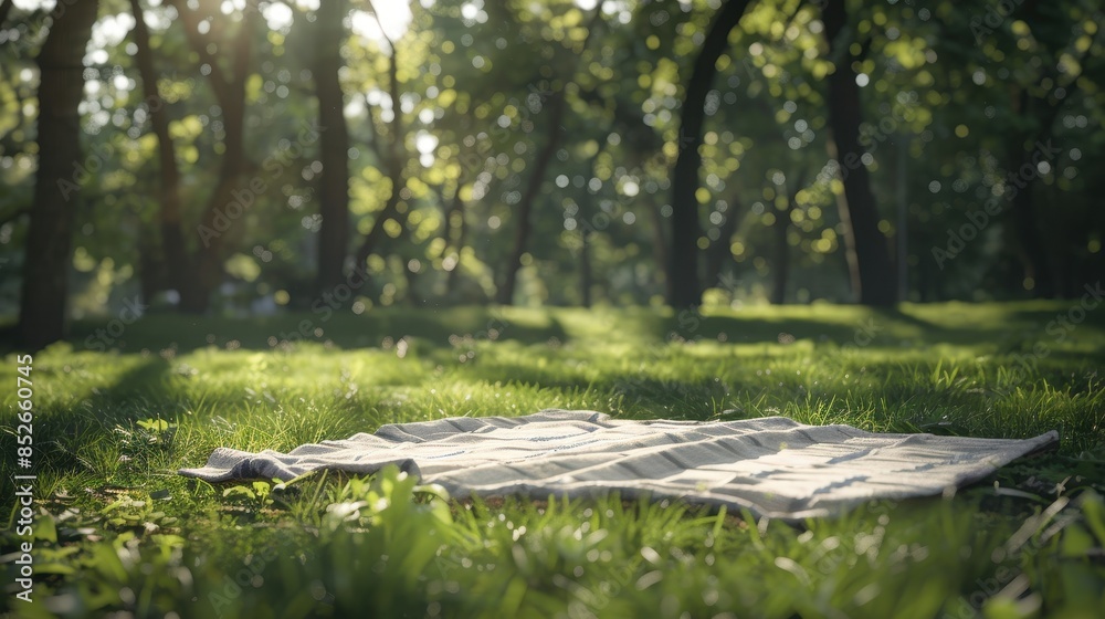 A picnic blanket laid out on green grass in a sunlit forest.