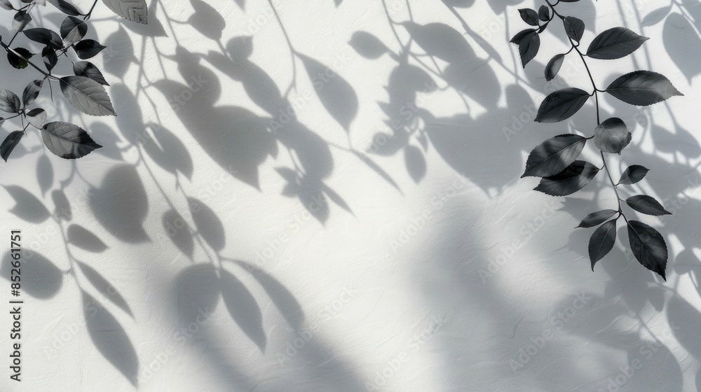 Leaves shadows on white wall with tree branch shadows wallpaper design
