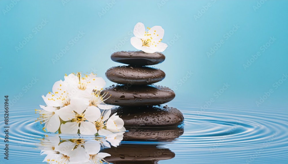 Fototapeta premium Spa stones with water ripples and white flowers evoking a concept of purity, wellness and relaxation. Perfect background for spa and healthcare topics