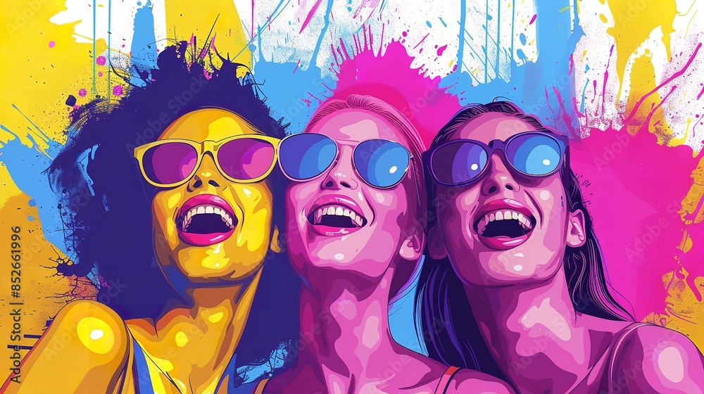 Obraz premium Three women are smiling and wearing sunglasses against a bright, colorful background