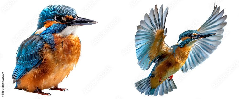 Obraz premium Kingfisher bird set PNG. Kingfisher bird PNG. Beautiful bird with orange and blue feathers isolated. Fully grown kingfisher bird PNG. kingfisher bird flying PNG. Kingfisher caught in flight isolated