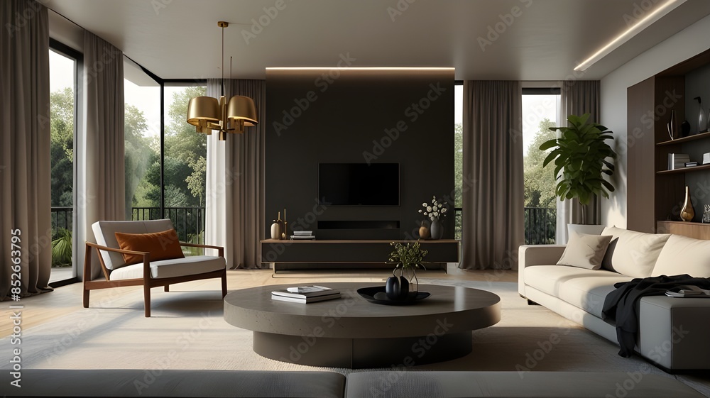 Fototapeta premium Modern living room interior design, cozy dining space, sleek furniture