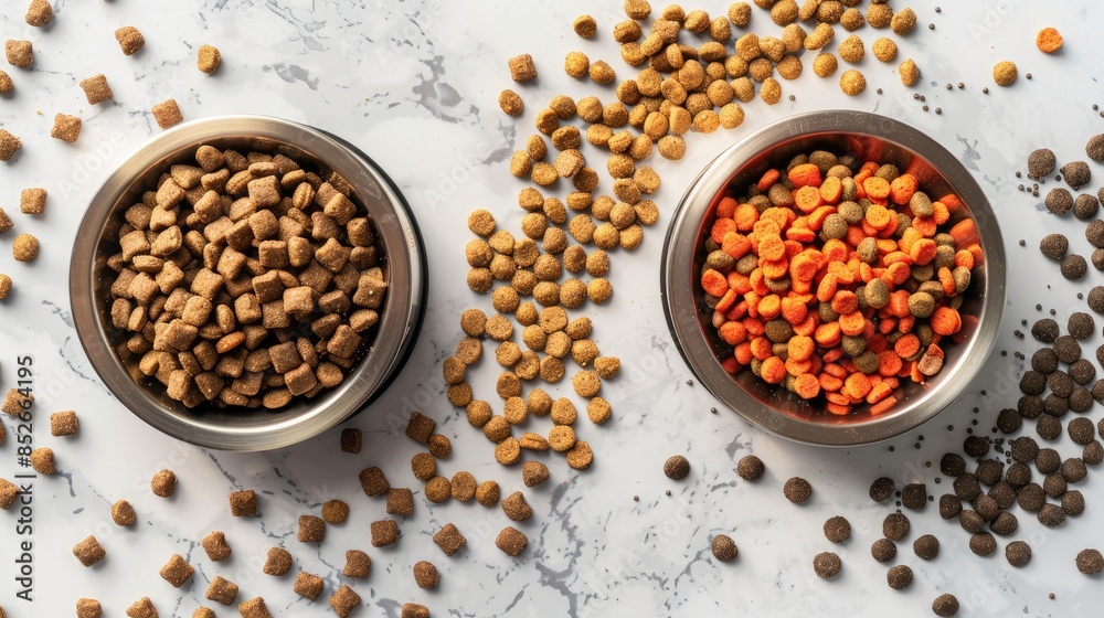 Dry cat and dog food from above with bowl empty Dry cat and dog food from above with bowl empty