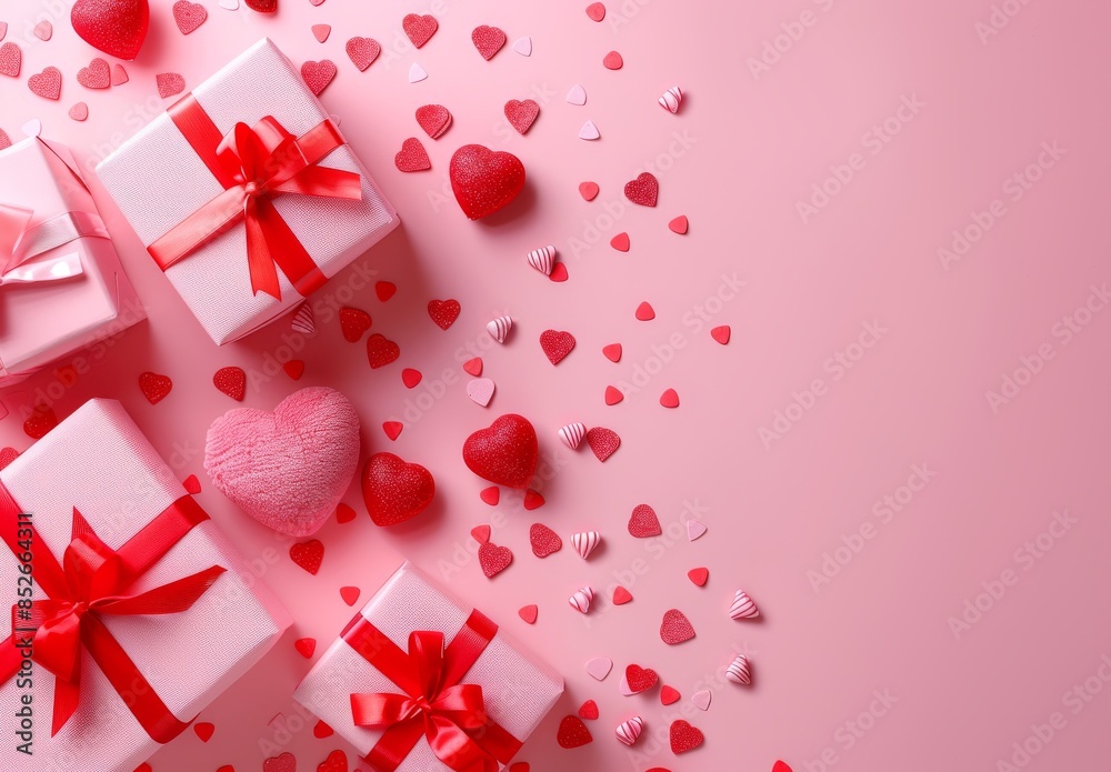 Valentine's Day background with pink gift boxes and red hearts on pastel background Valentine's Day background with pink gift boxes and red hearts on pastel background