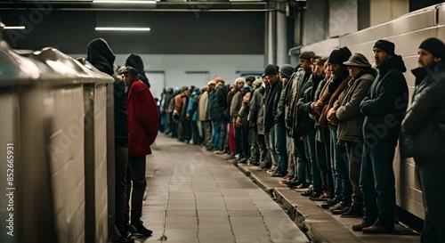 Homeless queue in a homeless shelter. photo
