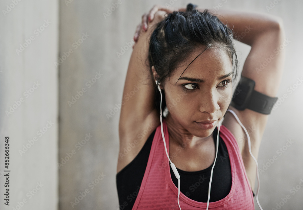 Girl, thinking and stretching with music for fitness or training, audiobook and wellness audio for exercise. Woman, thoughts and outdoor with earphones for podcast, workout playlist and health tips. Girl, thinking and stretching with music for fitness or training, audiobook and wellness audio for exercise. Woman, thoughts and outdoor with earphones for podcast, workout playlist and health tips.