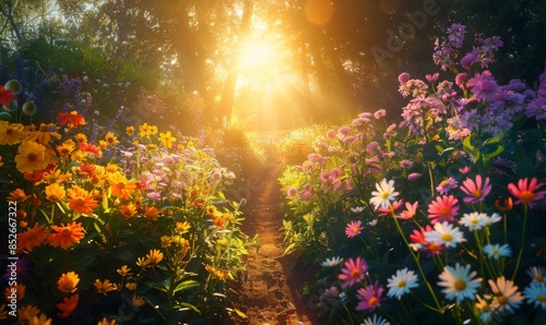 Sunlit path through a flower garden