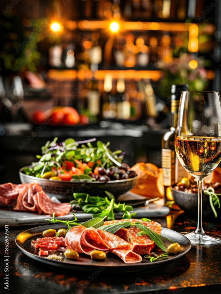 Charcuterie board with meats and wine in a bar setting Charcuterie board with meats and wine in a bar setting