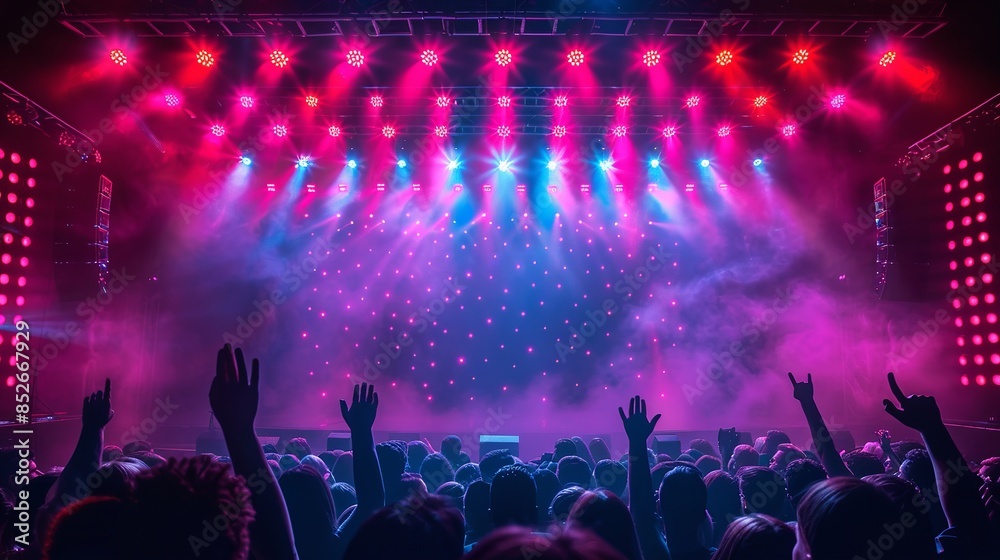 A crowd of people at a concert with their arms raised in the air, bathed in pink and blue stage lights A crowd of people at a concert with their arms raised in the air, bathed in pink and blue stage lights