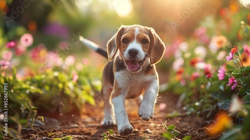 A beagle puppy runs through a flower garden with a joyful expression on its face photo