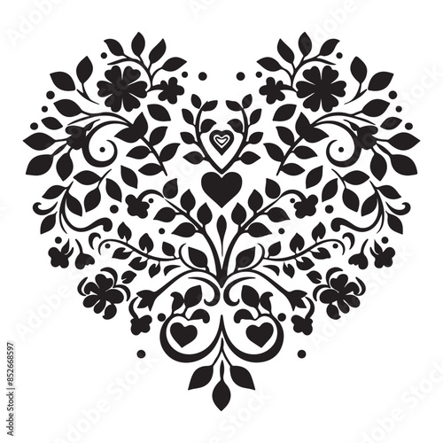 Romantic flower heart design, black vector illustration on white background