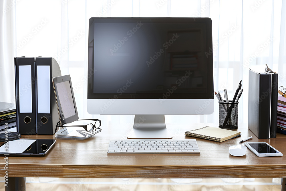 Modern Organized Office Desk with Computer and Supplies Modern Organized Office Desk with Computer and Supplies