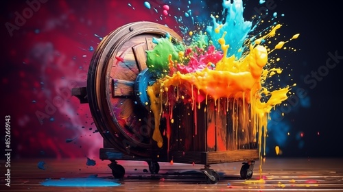 Abstract illustration of a barrel organ in an explosion of colorful paint on a black background