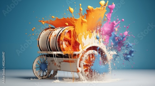 Abstract illustration of a barrel organ in an explosion of colorful paint on a blue background