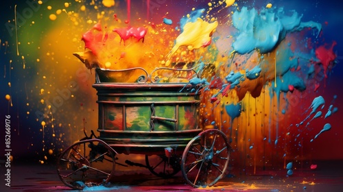 Abstract illustration of a barrel organ in an explosion of colorful paint on a colorful background