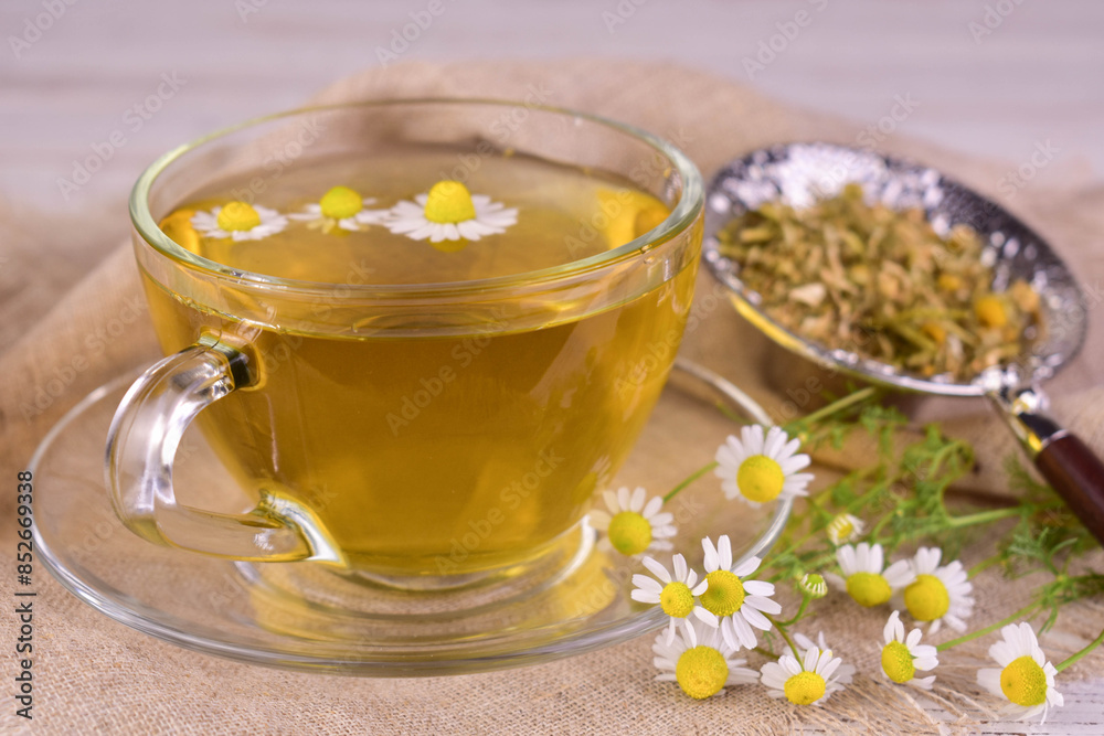 Chamomile tea in a transparent cup.Close-up.
Chamomile tea in a transparent cup.Close-up.