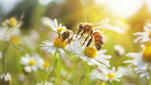 Glistening Sunlit Field with Two Bees Collecting Nectar from White Daisies with a Soft and Warm Atmosphere