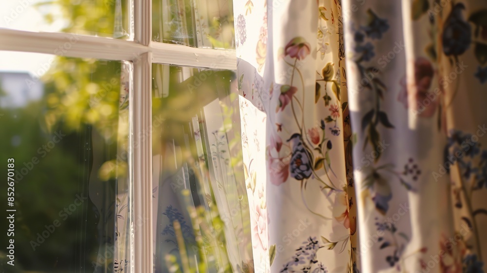 Open bay window, close-up, floral curtains, gentle movement, soft daylight, sharp details, macro shot, cozy home. Open bay window, close-up, floral curtains, gentle movement, soft daylight, sharp details, macro shot, cozy home.