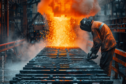 Steelworker in a metal foundry operates heavy machinery, surrounded by steam and smoke, with molten metal pouring in the background © Kmikhidov