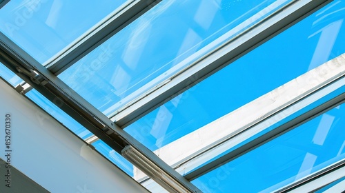 Close-up of an open skylight, clear blue sky visible, soft breeze, natural light, sharp details, macro focus, refreshing atmosphere. 