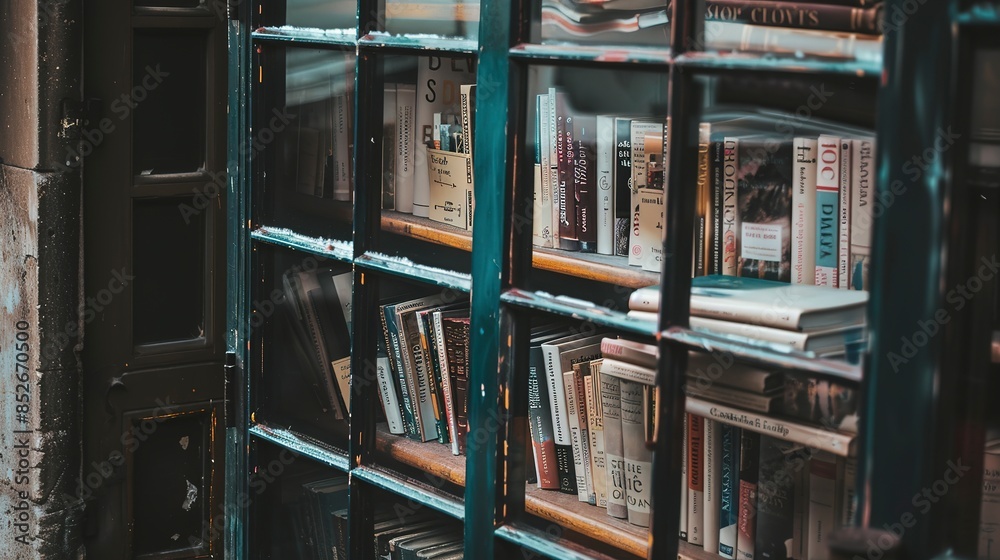 Close-up of a bookshop window, bestsellers displayed, natural light, detailed texture, high detail, literary allure. Close-up of a bookshop window, bestsellers displayed, natural light, detailed texture, high detail, literary allure.