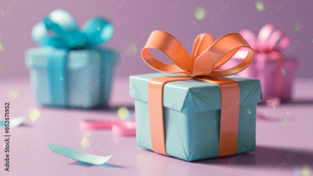 A close up of a small blue and orange gift box on purple background, AI A close up of a small blue and orange gift box on purple background, AI