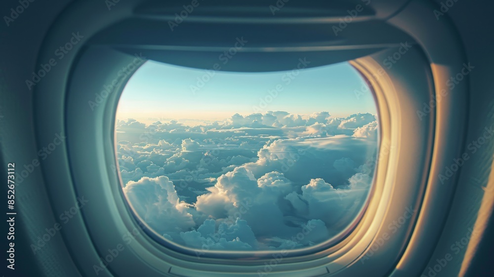 Beautiful aerial view of white clouds and blue sky from an airplane window. Beautiful aerial view of white clouds and blue sky from an airplane window.