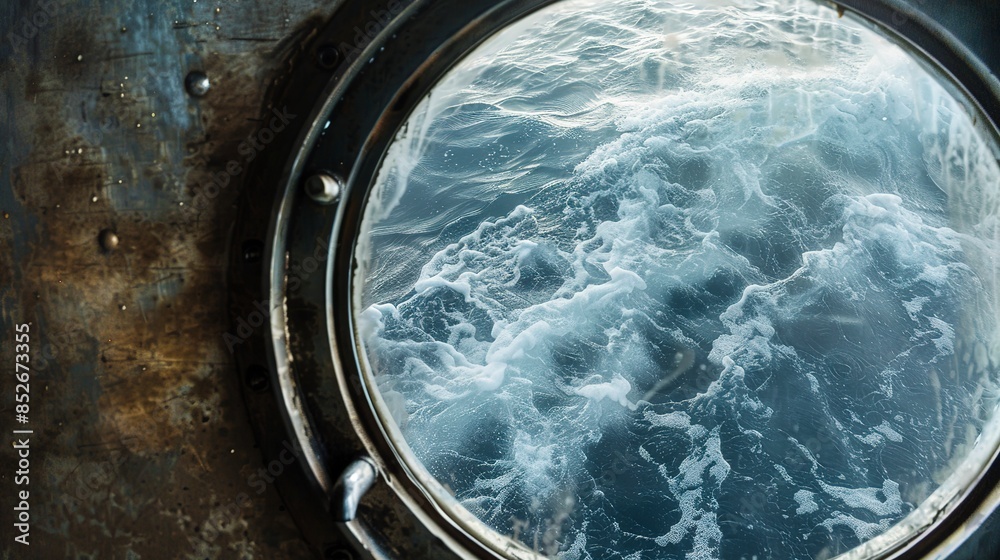 Close-up of a ship porthole, ocean waves outside, natural light, detailed texture, high resolution, nautical view. 