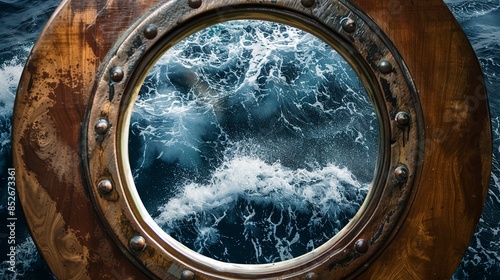 Close-up of a ship porthole, ocean waves outside, natural light, detailed texture, high resolution, nautical view