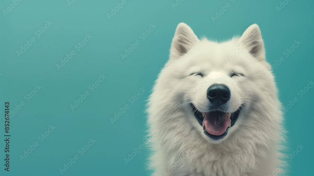 Joyful White Samoyed Dog Portrait: Smiling Fluffy Canine on Vibrant Teal Background for Pet Care and Happy Animal Concepts