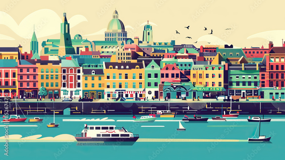Obraz premium Risograph print travel poster illustration of Dublin, Ireland, modern, isolated, clear, simple. Artistic, stylistic, screen printing, stencil, stencilled, graphic design. Banner, wallpaper