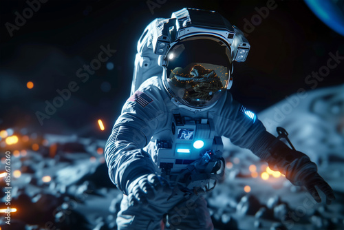 Space exploration scene with astronaut on lunar landscape. Generative AI image