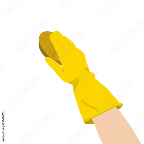 Human Hand In Yellow Rubber Glove Holds Cleaning Sponge, Isolated On White Background. Vector Illustration