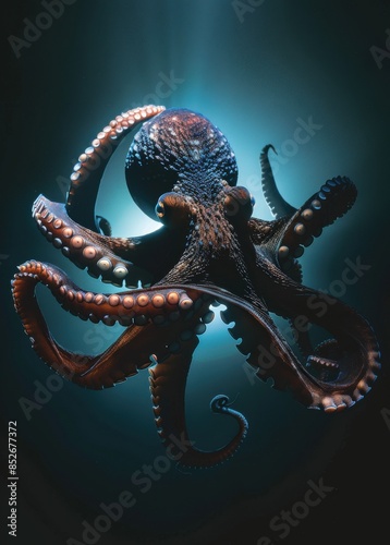 cinematic photography, wide shot, A huge octopus is under ocean 