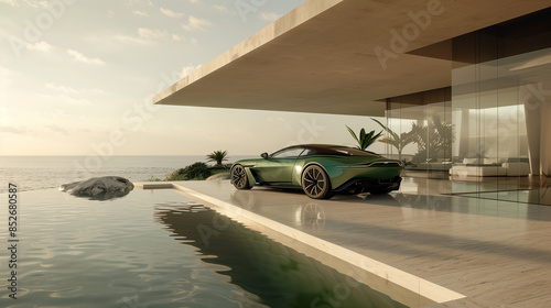 Elegant villa Minimalist with green supercar and infinity swimming pool. Stunning view on sea