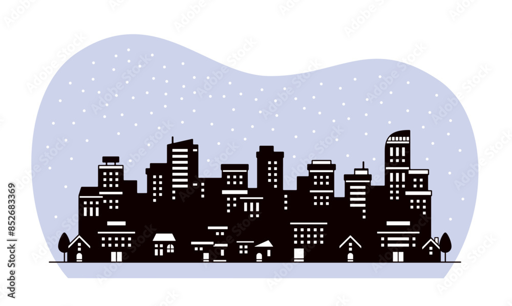 Fototapeta premium 雪が降る都会の街並みのシンプルなシルエットの風景イラスト