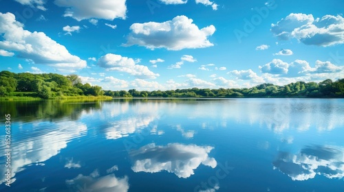 Breathtaking Landscape of Serene Lake with Reflective Waters Under a Vibrant Sky Dotted with Fluffy White Clouds